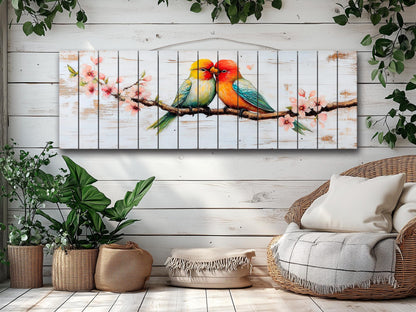Lovebirds Wood Wall Art – Romantic Cherry Tree Artwork | Rustic Bedroom Decor