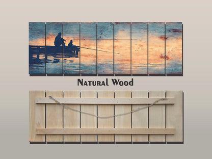 Father Child Fishing Art - Rustic Wooden Wall Art With Lake Dock Scene
