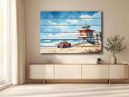 Lifeguard Tower Painting - Natural Wood Wall Art | Scenic Beach Cabin Decor