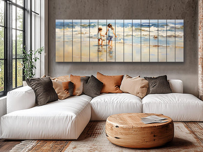 Rustic Wood Wall Art | Wooden Beach Painting with Warm Wood Texture for Kids Room