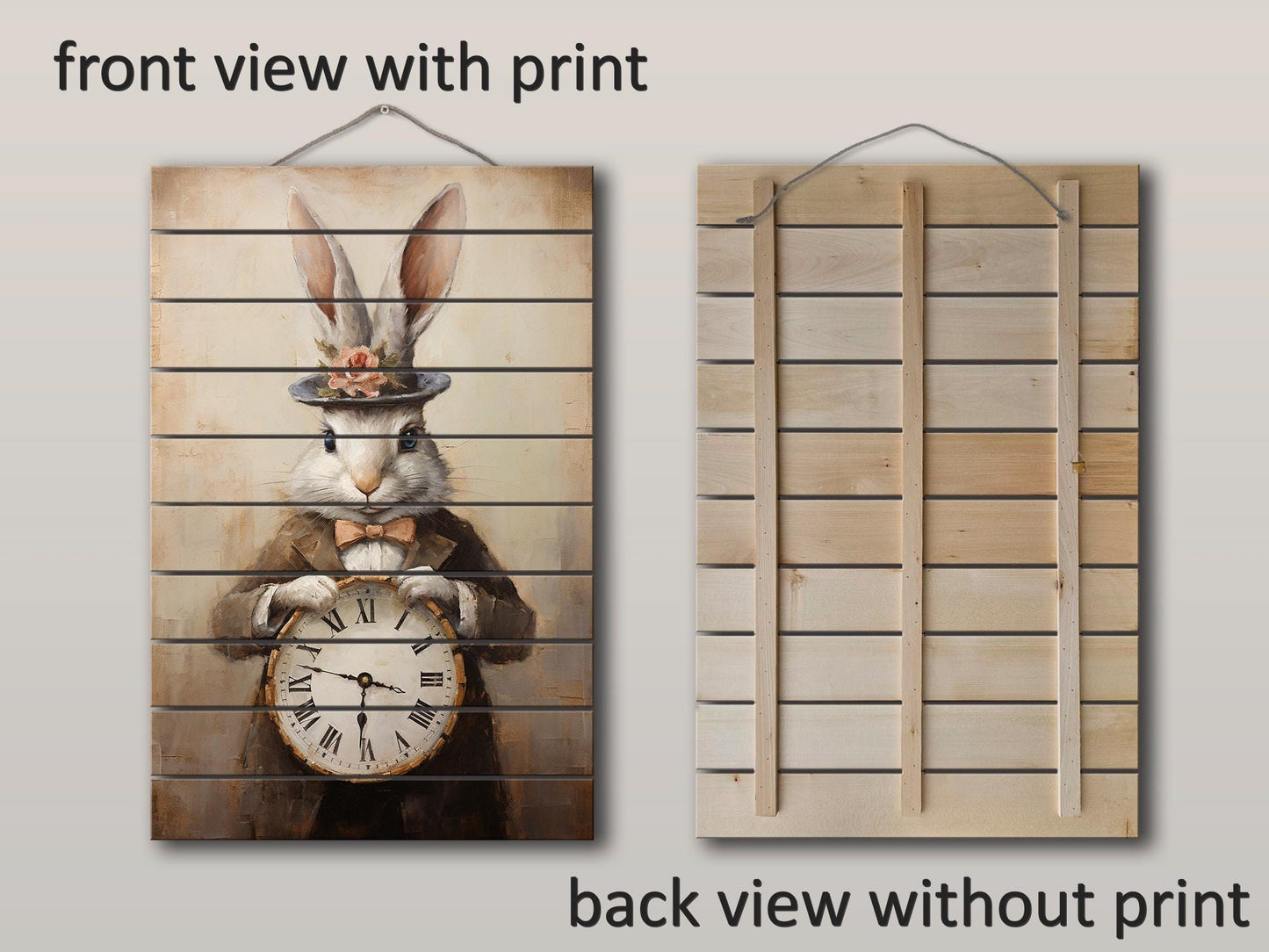 Vintage Rabbit Art – Rustic Wood Wall Art With Whimsical Animal Print Clock