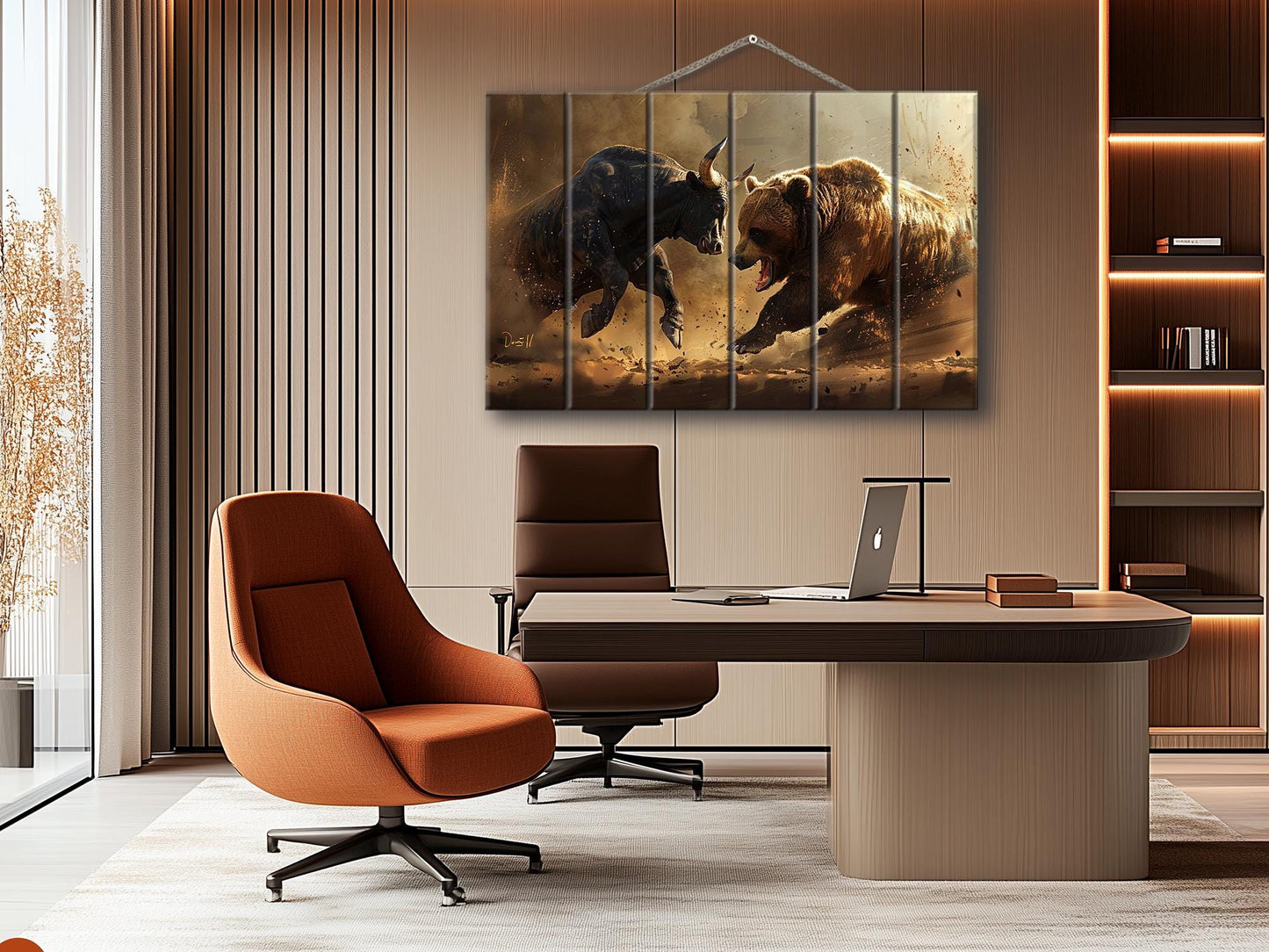 Rustic Wood Wall Art – Bull and Bear Art on UV Printed Wood for Trader Office Decor