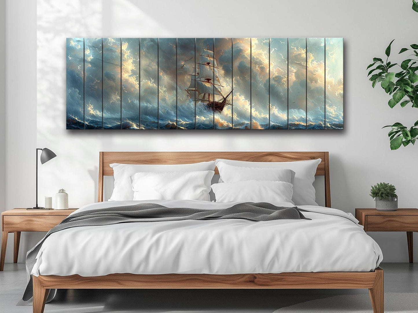 Wood Wall Art – Vintage Sailing Boat Stormy Sea Painting on Natural Wood Planks