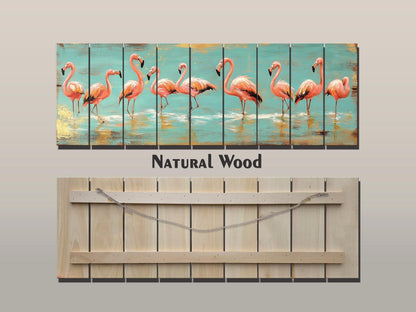 Wood Wall Art – Flock of Graceful Flamingos Print on Natural Wood, Rustic Flamingo Painting, Flamingo Wall Art, Soft Tones Birds Wall Art