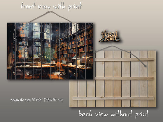 Wood Wall Art - Abstract Library Oil Painting | Natural Wood Print Decor