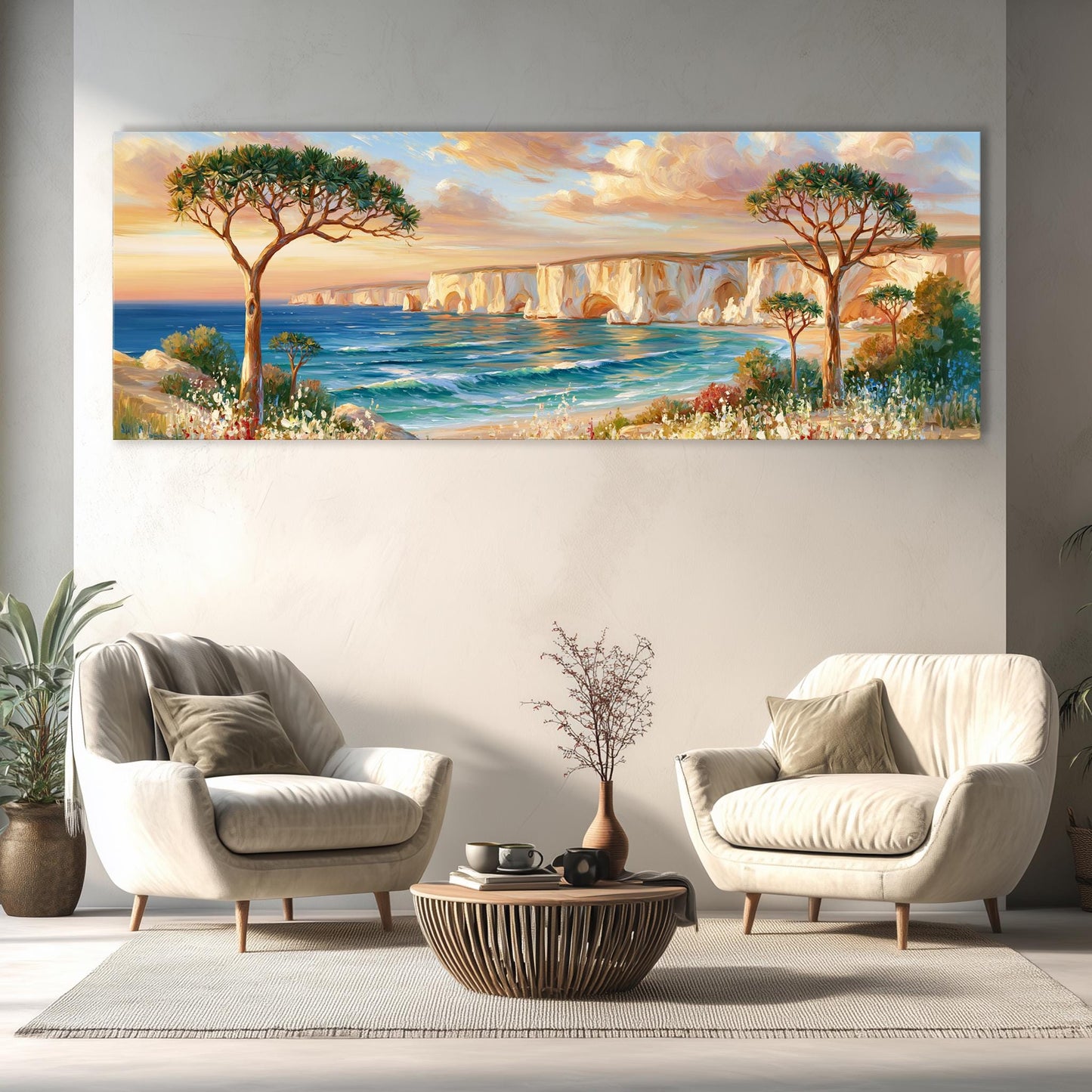 a large painting of a serene coastal landscape with a tree, a body of water, and cliffs in the background, hanging on a wall above a seating area with two white chairs and a coffee table.