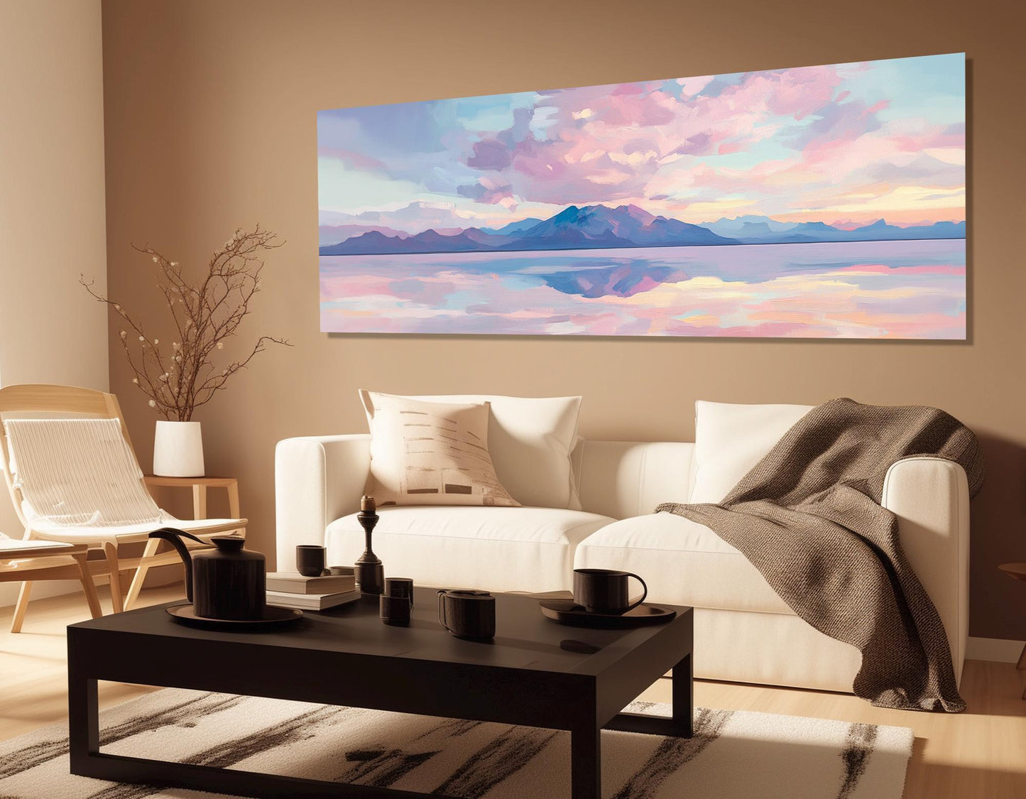 Pink Clouds Canvas Print – Ocean Painting Art With Island Seascape Wall Art