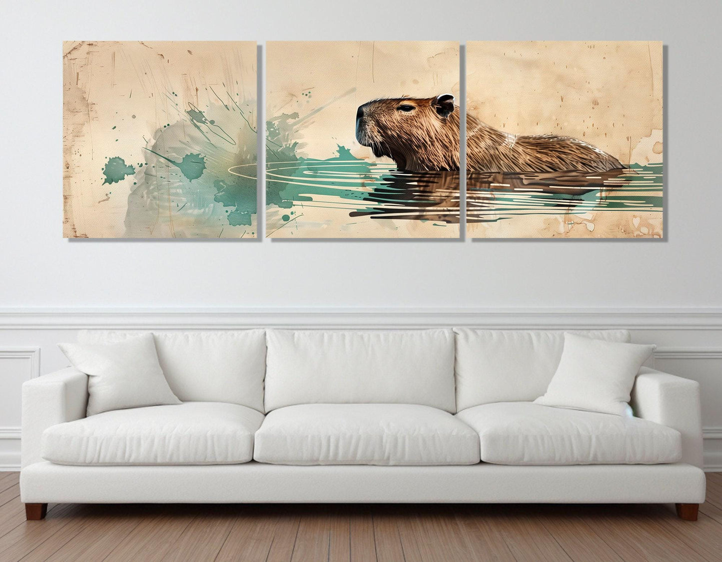 Capybara Swimming in Lake Painting Canvas Print, Large Capybara Wall Art, Modern Nursery Wall Decor, Framed and Ready to Hang