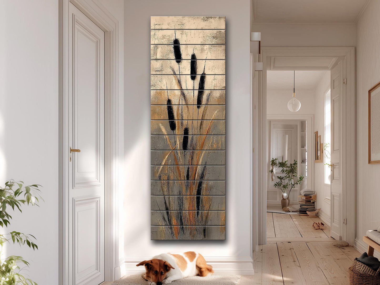 Cattails Abstract Art Print on Wood, Neutral Textured Nature Painting, Rustic Wall Decor