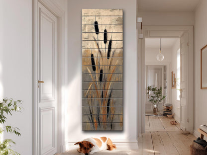 Cattails Abstract Art Print on Wood, Neutral Textured Nature Painting, Rustic Wall Decor