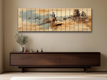 Cowboy Wall Art – Lone Rider Prairie Painting on Rustic Wood Print