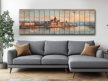 Budapest Wood Print – Rustic Wall Art With Parliament Skyline & Beige Distressed Wood