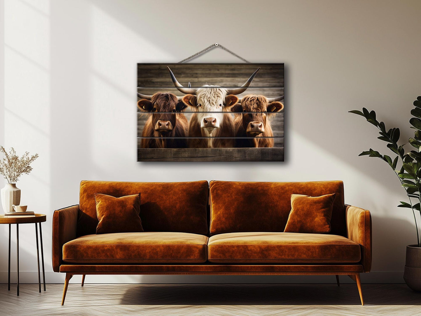Rustic Wood Wall Art – Highland Cows Painting on Natural Wood Planks | Farmhouse Wall Decor