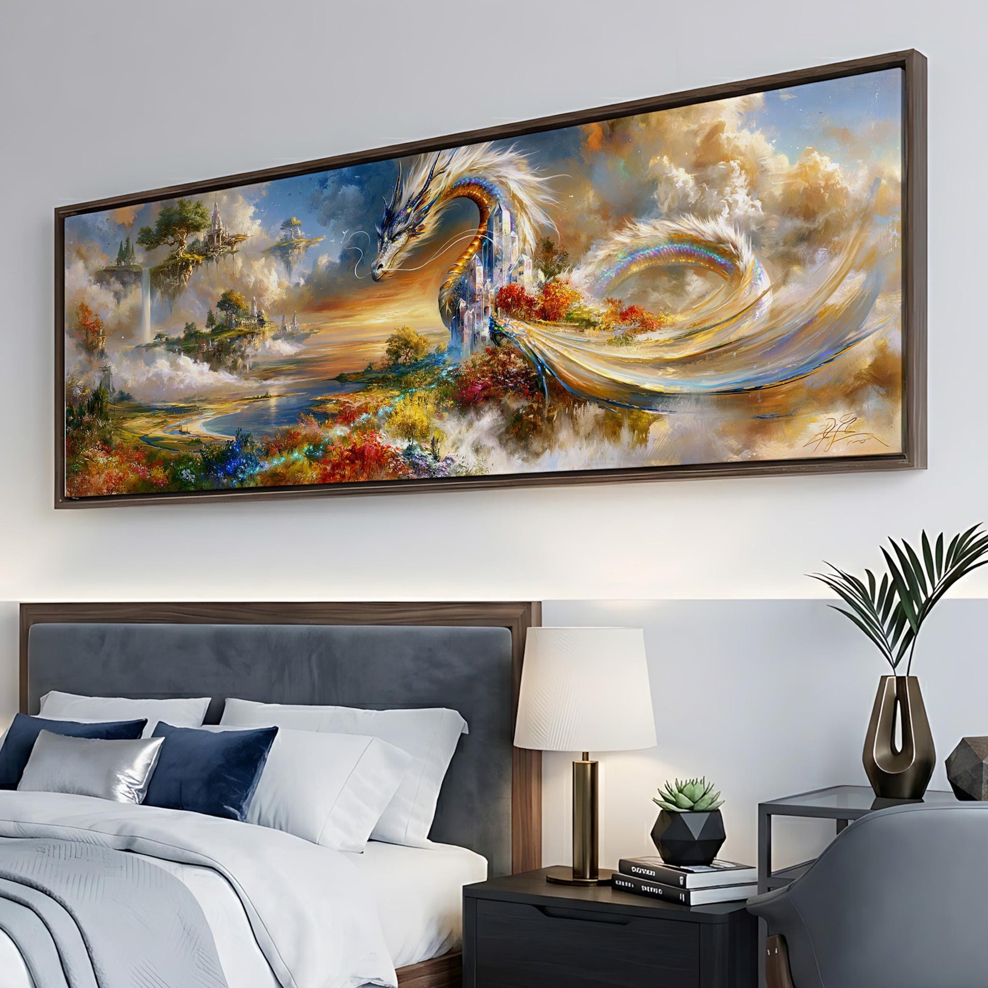 a large, colorful painting of a dragon-like creature soaring through a fantastical landscape, with a serene body of water and a cloudy sky in the background.