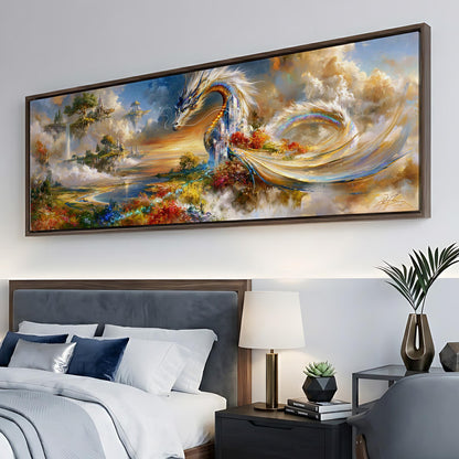 a large, colorful painting of a dragon-like creature soaring through a fantastical landscape, with a serene body of water and a cloudy sky in the background.