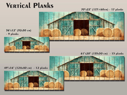 Rustic Barn Wall Art – Handcrafted Wood Plank Print with Hay Bales for Cozy Farmhouse Decor