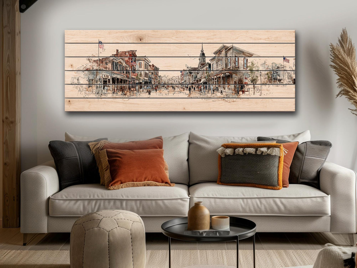 Vintage Americana Wall Art – Main Street Print on Wood with Rustic Farmhouse Charm