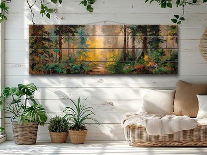 Mystical Forest Path Bathed in Golden Morning Light Print on Wood, Rustic Forest Painting, Cozy Cabin Wall Decor, Wood Wall Art