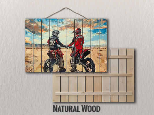 Motocross Wall Art - Vintage Motocross Print on Natural Wood | Rustic Wooden Wall Decor