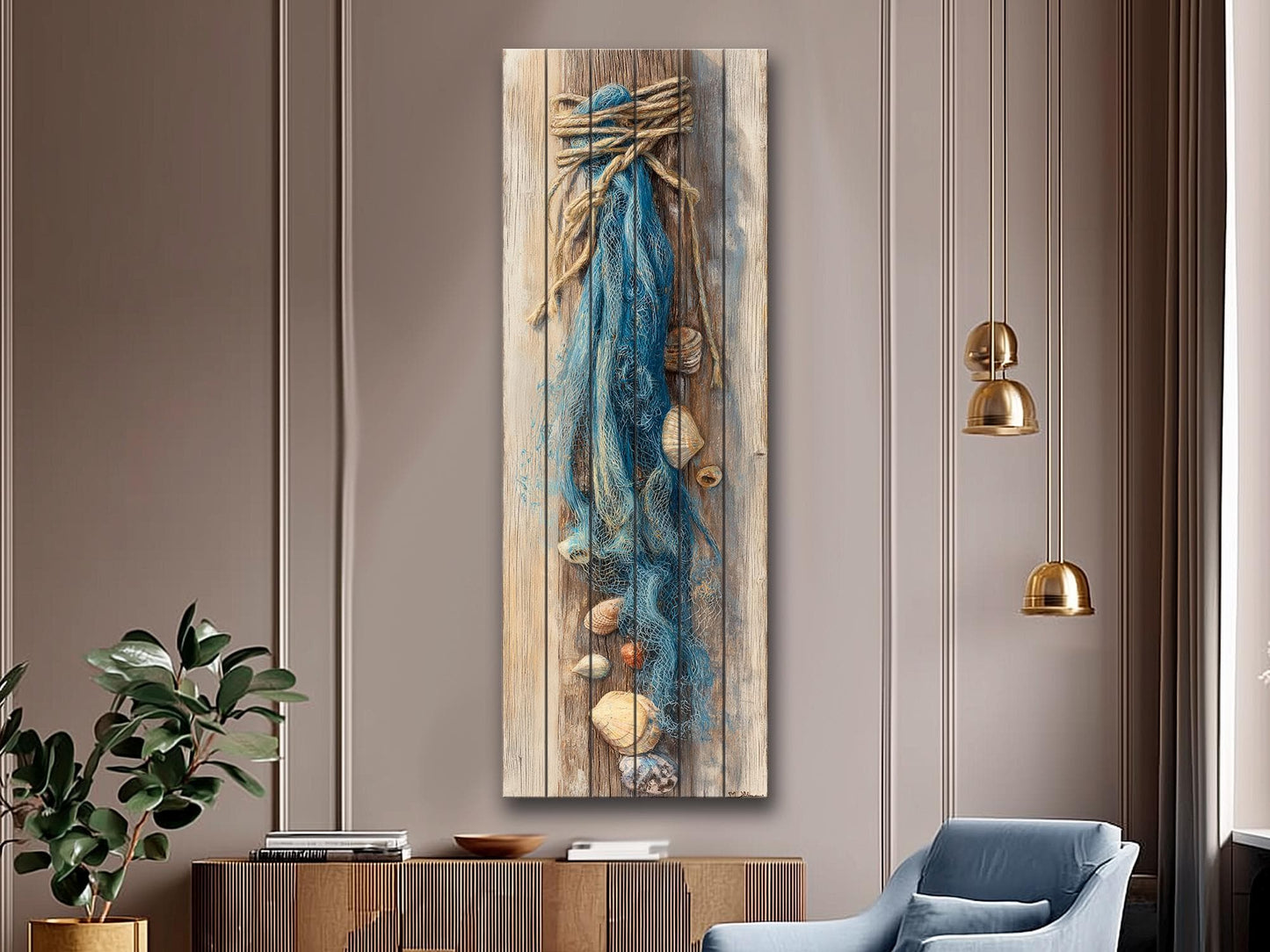 Wood Wall Art - Seashell Print – Nautical Coastal Decor – Fishing Net Beach Print on Natural Wood