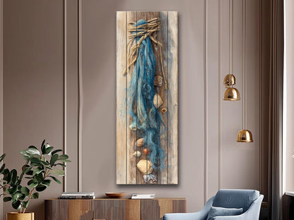 Wood Wall Art - Seashell Print – Nautical Coastal Decor – Fishing Net Beach Print on Natural Wood