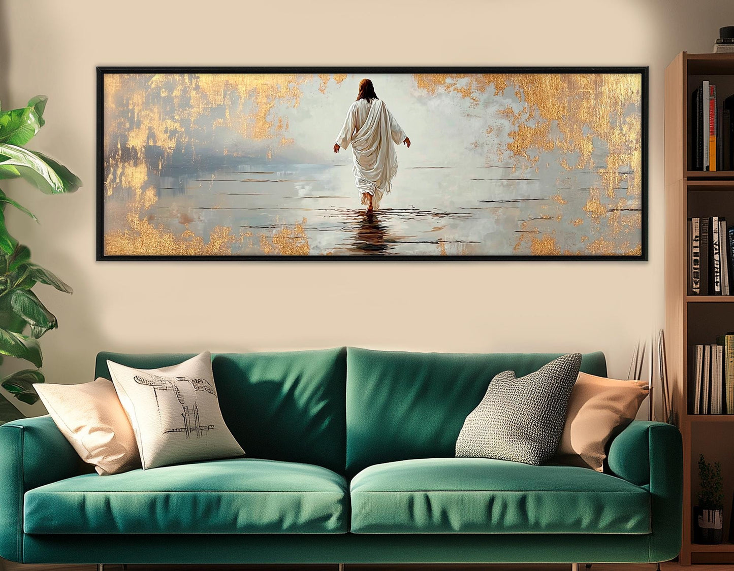 Jesus Walking on Water Religious Wall Art – Framed Canvas Print with Gold Leaf Accents