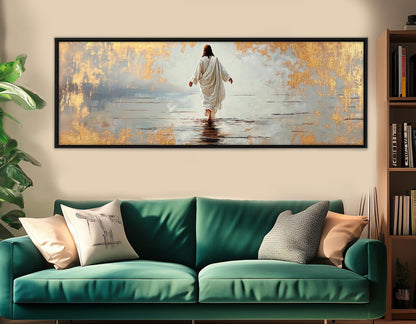 Jesus Walking on Water Religious Wall Art – Framed Canvas Print with Gold Leaf Accents