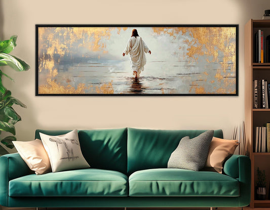 Jesus Walking on Water Religious Wall Art – Framed Canvas Print with Gold Leaf Accents