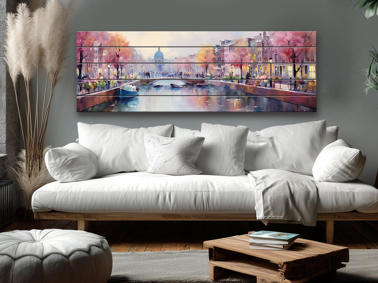Amsterdam Wood Wall Art – Rustic Abstract Skyline Print on Natural Wood Texture