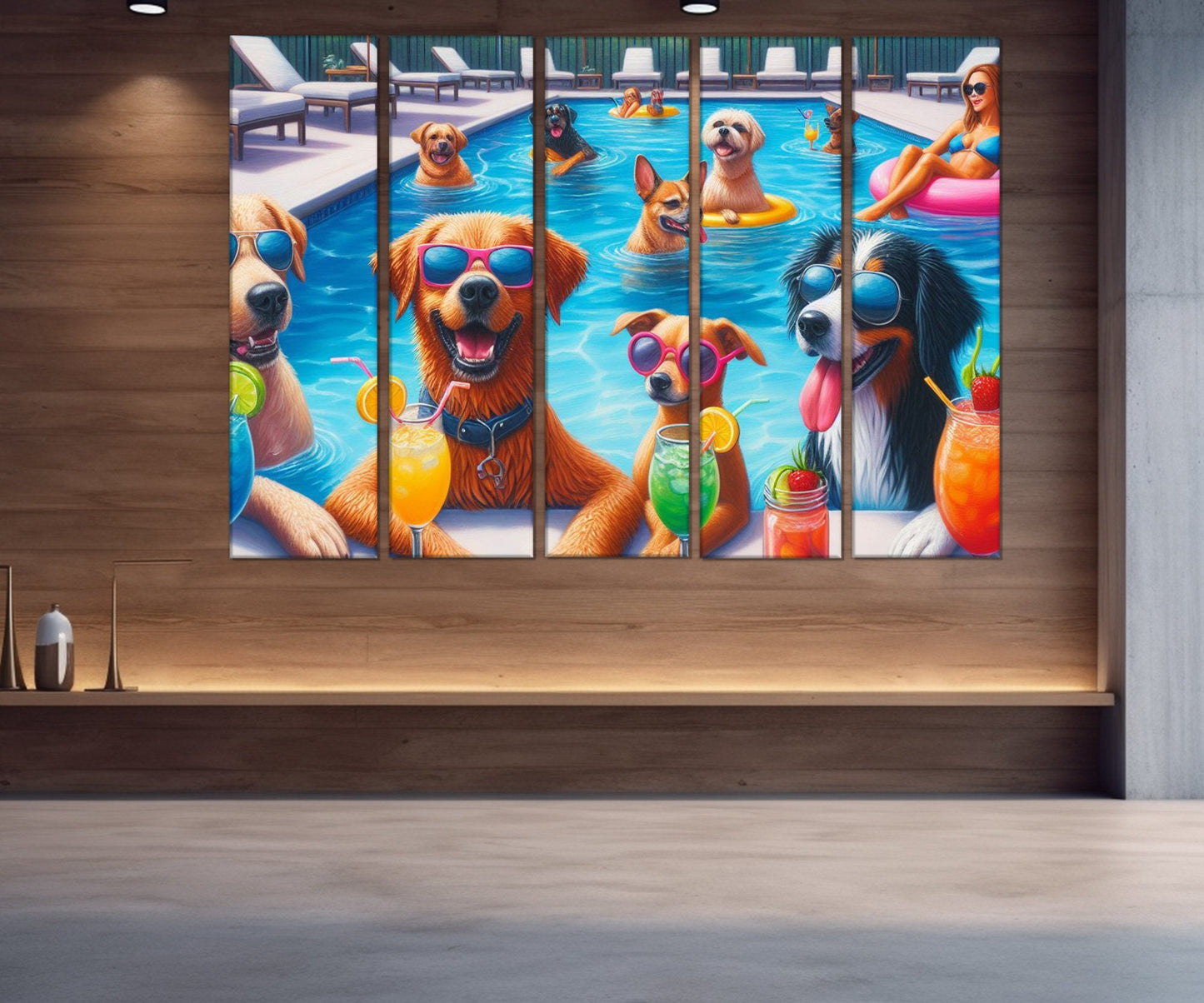 Pool Party Canvas Print - Dogs Pool Party Painting | Framed Cotton Canvas Wall Art