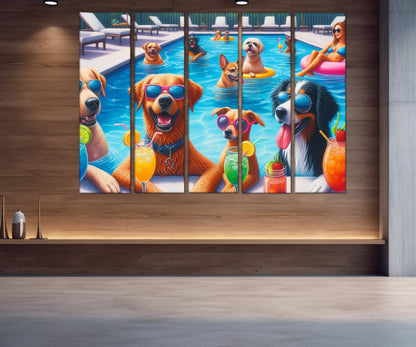 Pool Party Canvas Print - Dogs Pool Party Painting | Framed Cotton Canvas Wall Art