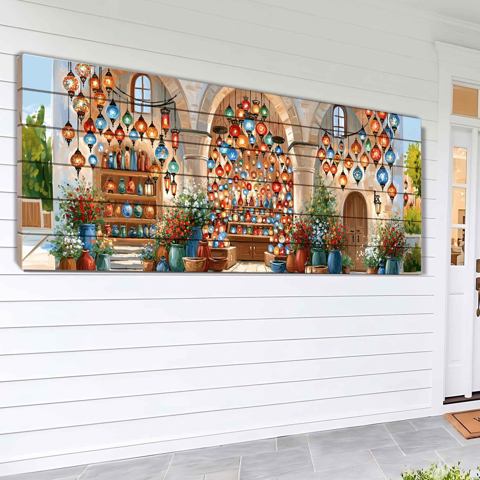 The image is a large, colorful painting depicting a vibrant and lively scene with numerous potted plants, vases, and decorative lanterns hanging from the ceiling.