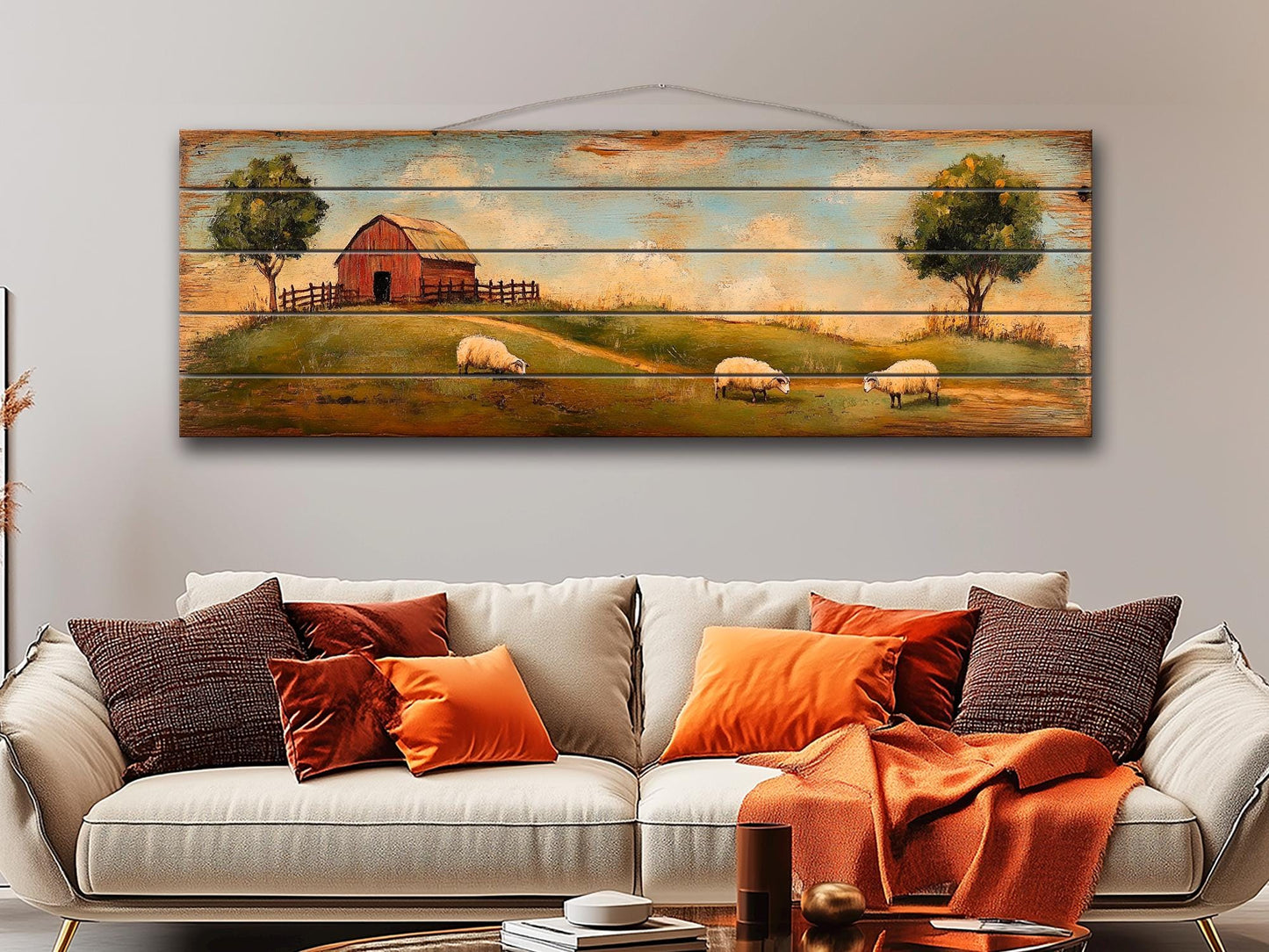 Rustic Wooden Wall Art - Sheep Grazing Print on Natural Wood for Cozy Cabin Decor
