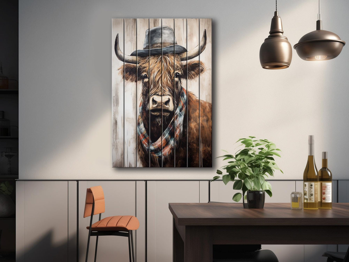 Rustic Wood Wall Art – Highland Cow Artwork on Natural Wood Planks | Farmhouse Wall Decor