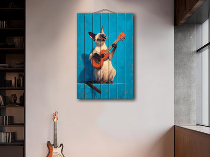 Siamese Cat Wall Art – Wood Wall Art Print of Guitar Playing Cat on Natural Wood