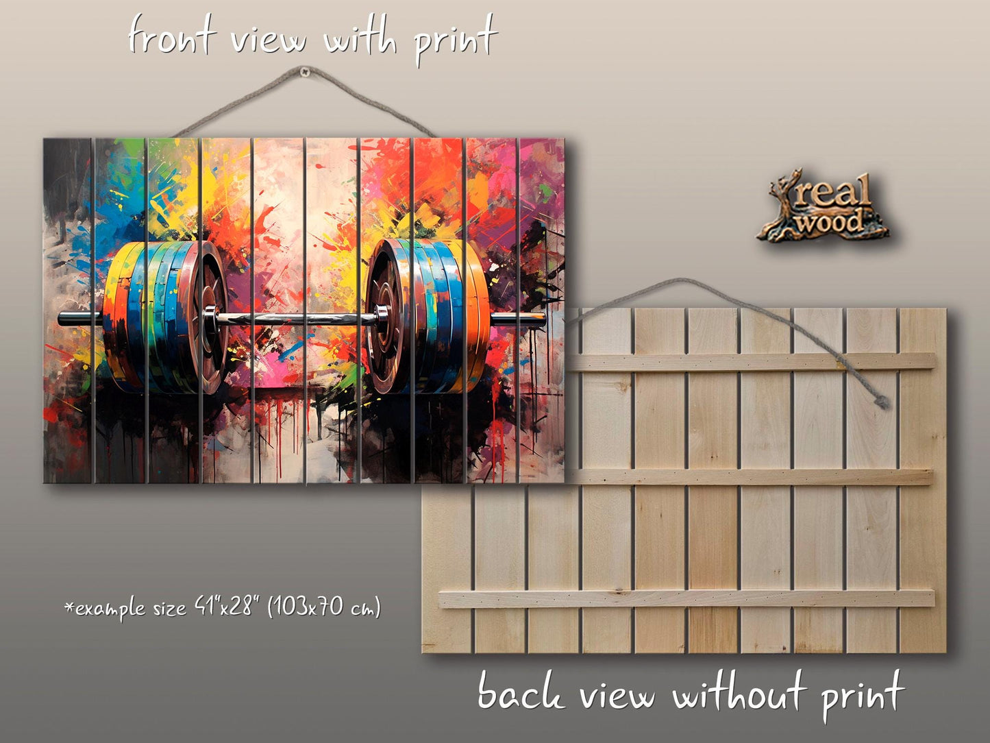 Barbell Wall Art – Abstract Wood Plank Painting | Gym Wall Decor, Motivational Gym Poster