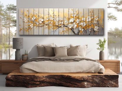 Abstract Gold and White Blossom Tree Print On Natural Wood
