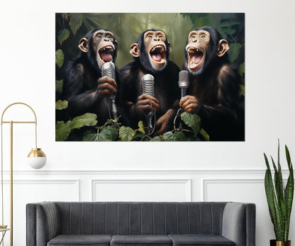 Singing Monkeys Canvas – Funny Music Art Framed Canvas Print Ready to Hang