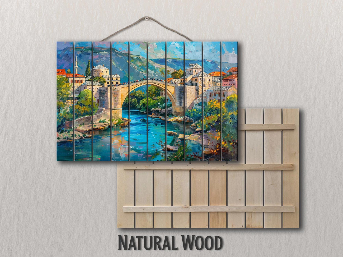 Bosnia Old Bridge Print on Wood, Rustic Mostar Bridge Painting, Bosnia and Herzegovina Wall Art, Bosnia Bridge Wood Print, Wood Wall Art