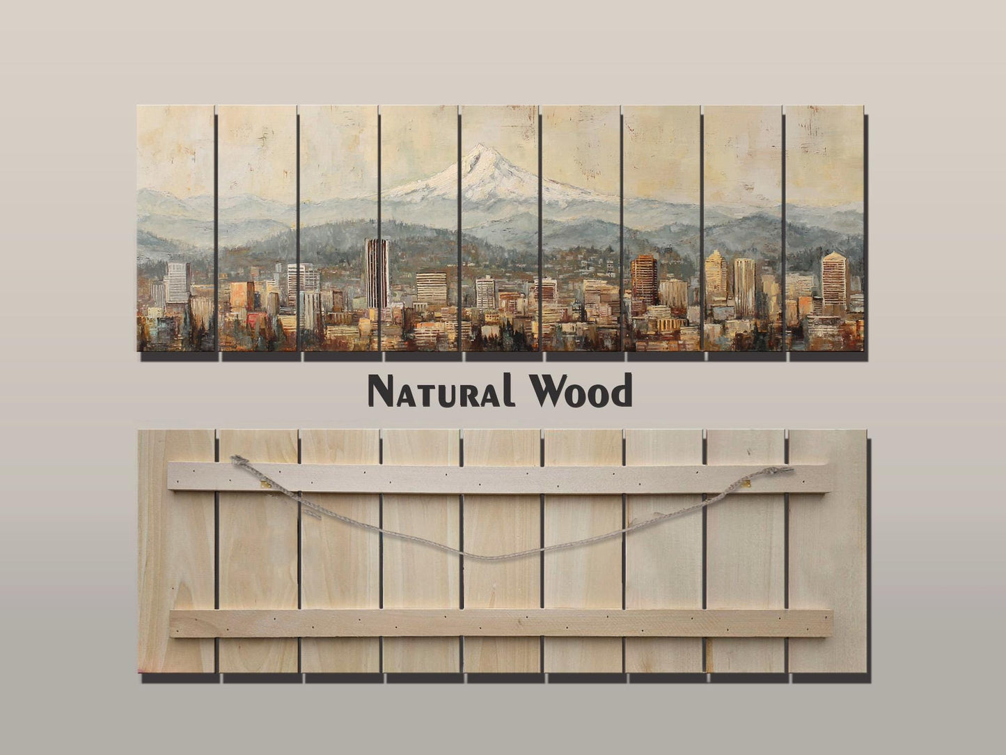 Portland Skyline Wood Print – Rustic Wood Art with Mount Hood Beige Cityscape