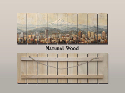 Portland Skyline Wood Print – Rustic Wood Art with Mount Hood Beige Cityscape