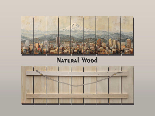 Portland Skyline Wood Print – Rustic Wood Art with Mount Hood Beige Cityscape