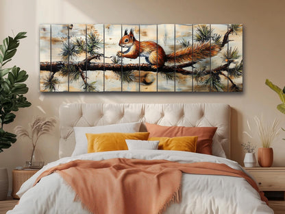 Rustic Wood Wall Art – Squirrel on Pine Branch | Natural Wood Print Decor
