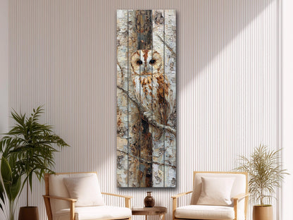 Owl Wall Art – Rustic Wood Print on Birch Bark | Textured Impasto Mixed Media Decor