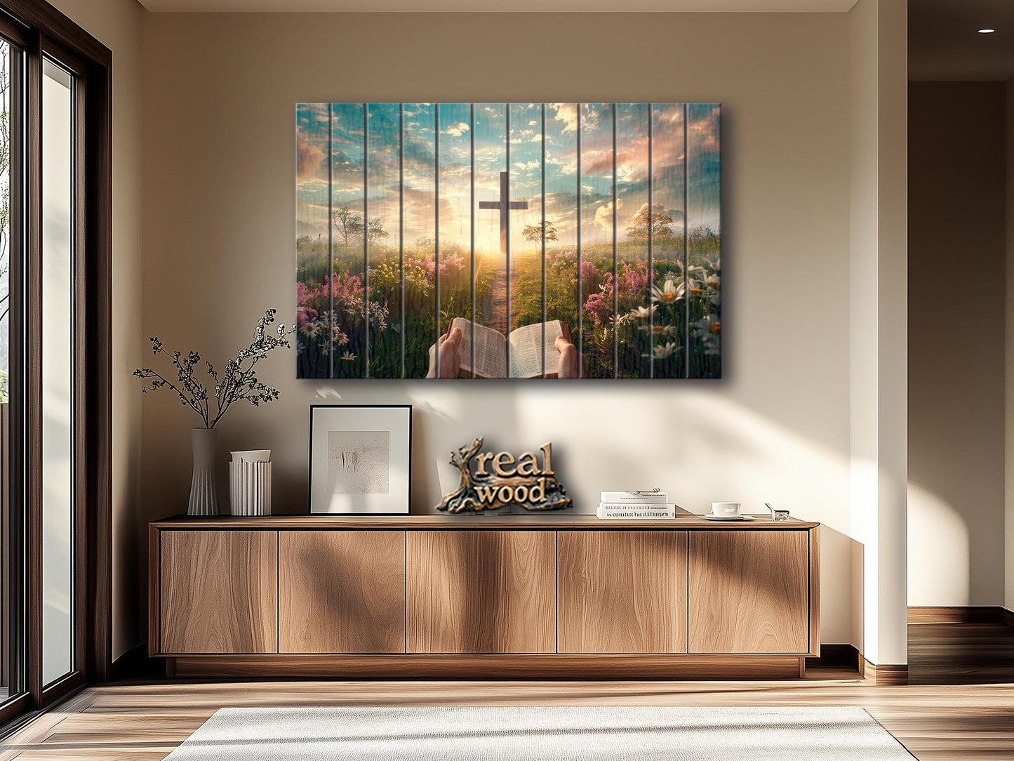Wood Wall Art - Rustic Bible Cross Painting | Handcrafted Wooden Art with Natural Wood Grain Texture