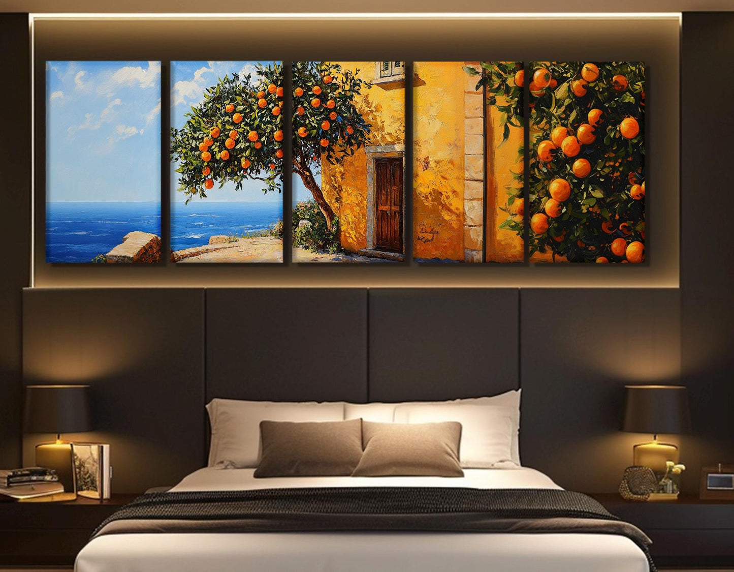 Mediterranean Canvas Print – Scenic Sea Coast Painting with Orange Trees | Framed Wall Art