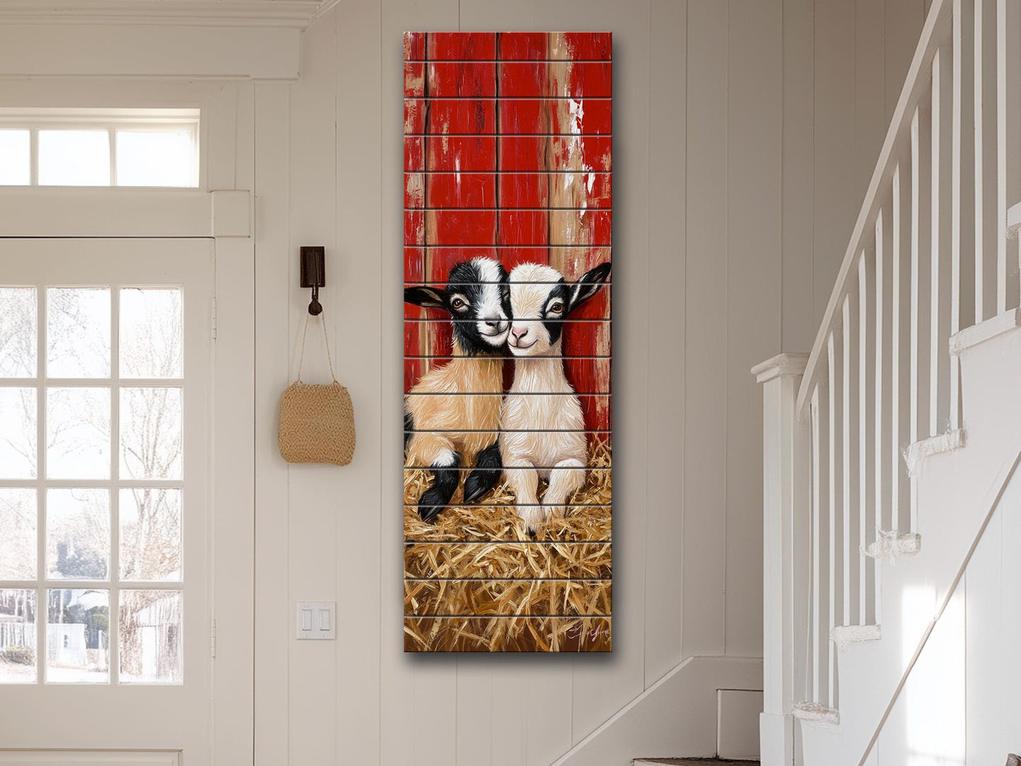 Rustic Wood Wall Art – Two Baby Goats Resting in Straw Next to Red Barn Wall, Farm Animal Print on Natural Linden Wood, Farmhouse Decor