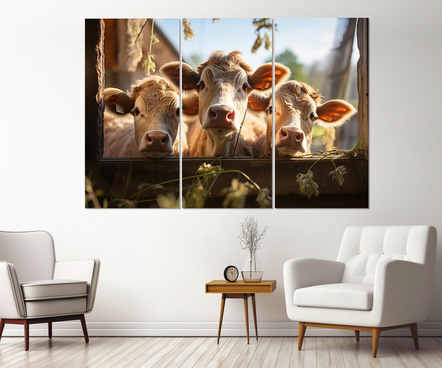 Cute Сalves Canvas Art, Cows Print, Calf Poster, Farm Wall Art, Framed and Ready to Hang