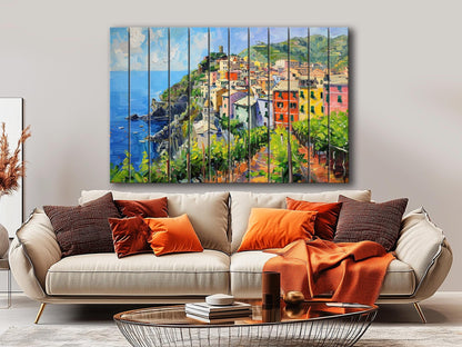Corniglia, Cinque Terre Painting Printed on Natural Wood, Liguria, Italy Wall Art, Scenic Corniglia Wood Print, Italian Wall Decor