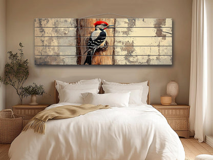 Rustic Wood Wall Art - Woodpecker on a tree Vintage Style Painting Printed on Natural Wood, Woodpecker Print, Forest Birds Print